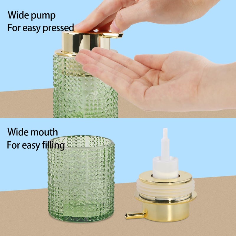 Fvstar Foaming Soap Dispenser, 10 Oz Glass Foam Hand Soap Dispenser with Gold Pump, Refillable Bathroom Lotion Container Pump Bottle with Vintage Pattern, Green - Image 4