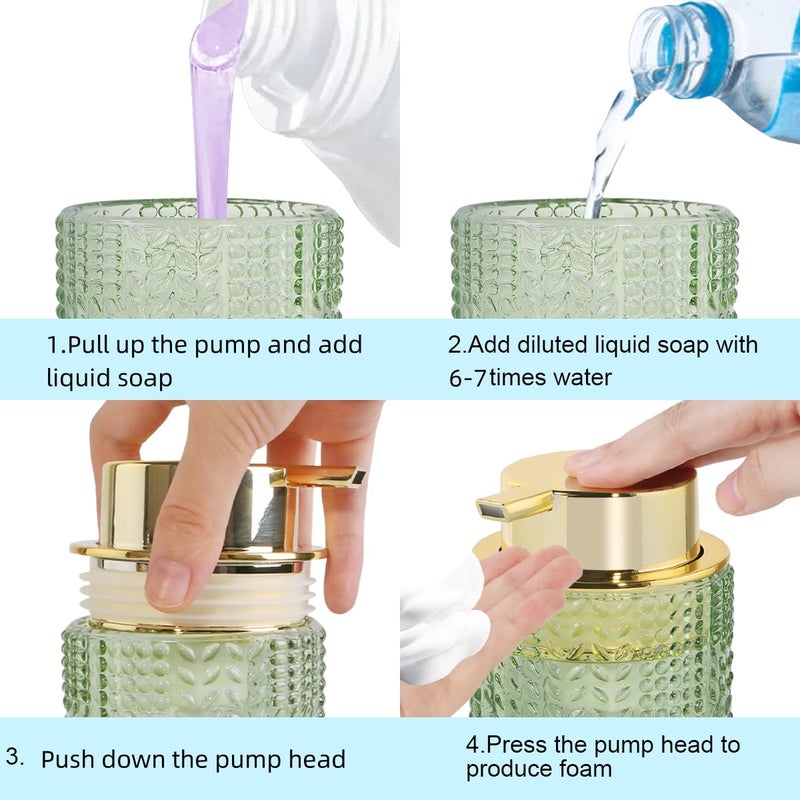 Fvstar Foaming Soap Dispenser, 10 Oz Glass Foam Hand Soap Dispenser with Gold Pump, Refillable Bathroom Lotion Container Pump Bottle with Vintage Pattern, Green - Image 5