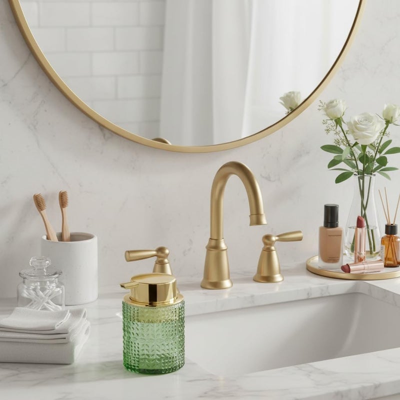 Fvstar Foaming Soap Dispenser, 10 Oz Glass Foam Hand Soap Dispenser with Gold Pump, Refillable Bathroom Lotion Container Pump Bottle with Vintage Pattern, Green - Image 2