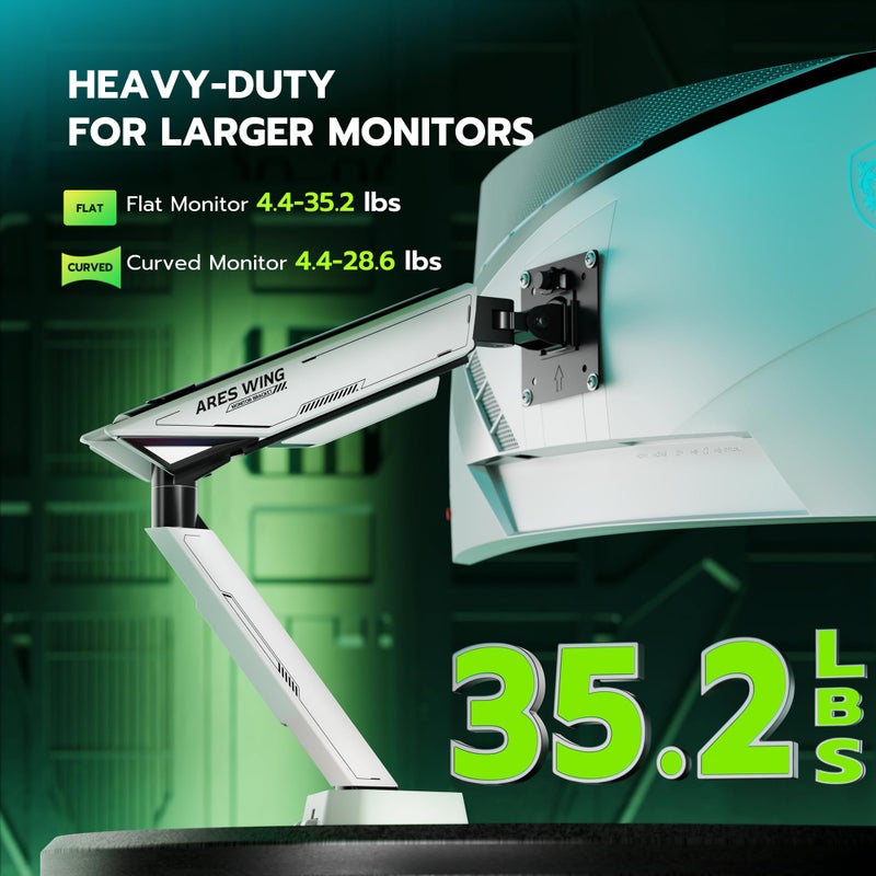 ARES WING RGB Single Monitor Arm Desk Mount for 17-45 inches Flat and Curved Monitors, Holds 35.2 lbs Heavy Duty, Adjustable Ultrawide Monitor Arm with Clamp & Grommet Base, 75/100 VESA Mount, White - Image 3