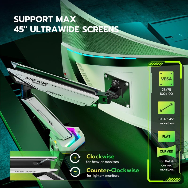 ARES WING RGB Single Monitor Arm Desk Mount for 17-45 inches Flat and Curved Monitors, Holds 35.2 lbs Heavy Duty, Adjustable Ultrawide Monitor Arm with Clamp & Grommet Base, 75/100 VESA Mount, White - Image 4