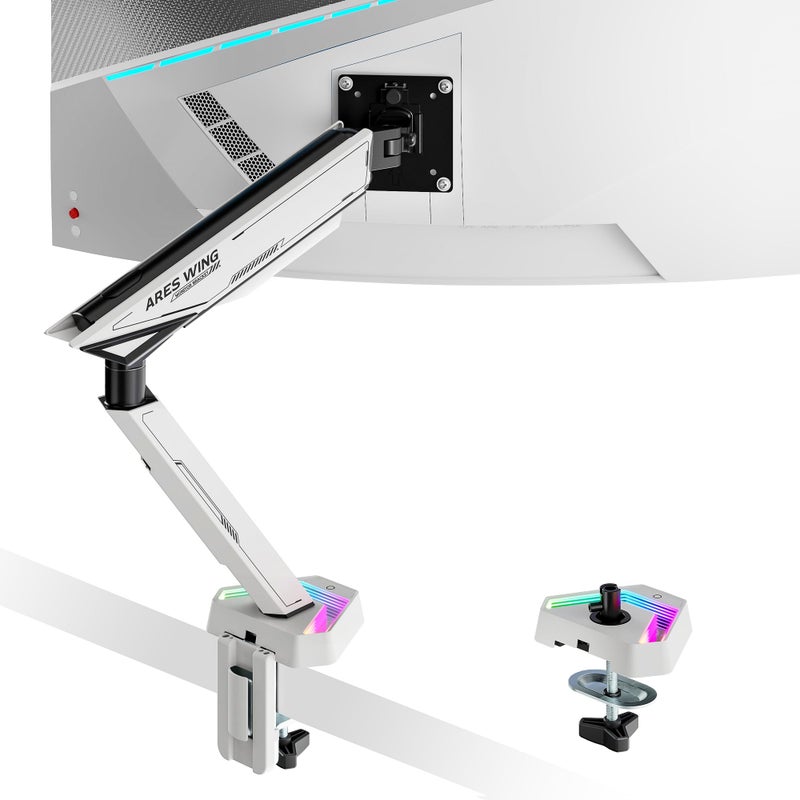 ARES WING RGB Single Monitor Arm Desk Mount for 17-45 inches Flat and Curved Monitors, Holds 35.2 lbs Heavy Duty, Adjustable Ultrawide Monitor Arm with Clamp & Grommet Base, 75/100 VESA Mount, White - Image 1