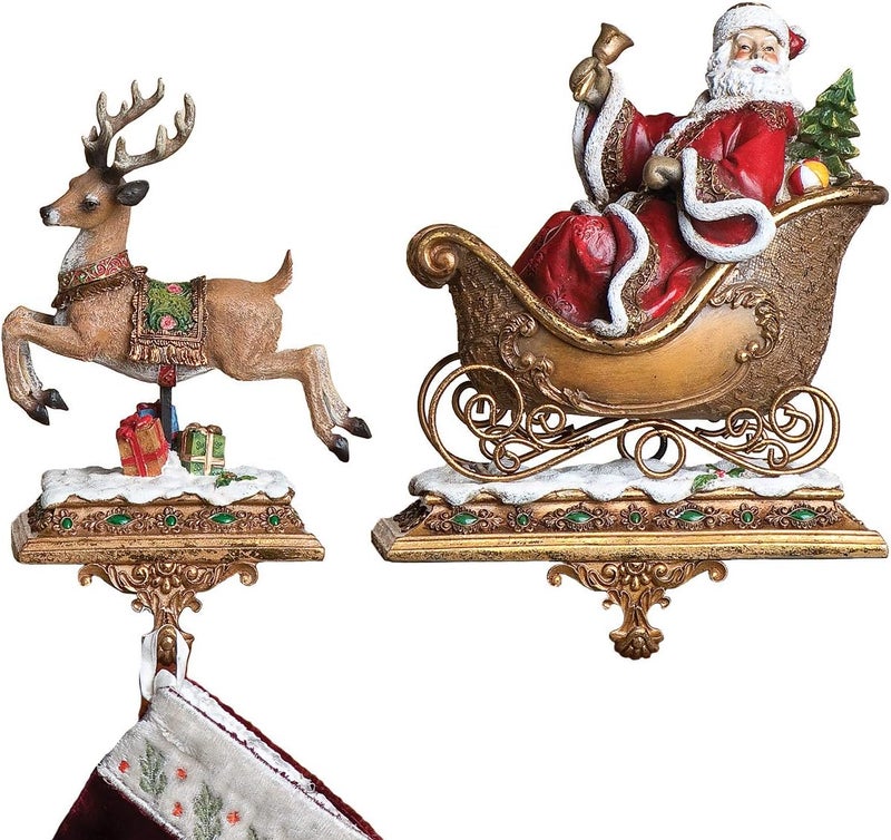 Joseph's Studio Santa and Reindeer Stocking Holder Set - 9.25" High, Durable Resin and Stone Christmas Decoration - Image 1