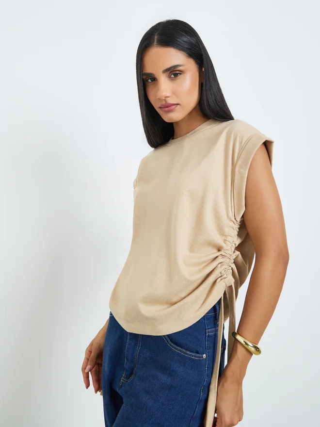 Styli Beige Ruched Side Tie T-Shirt
