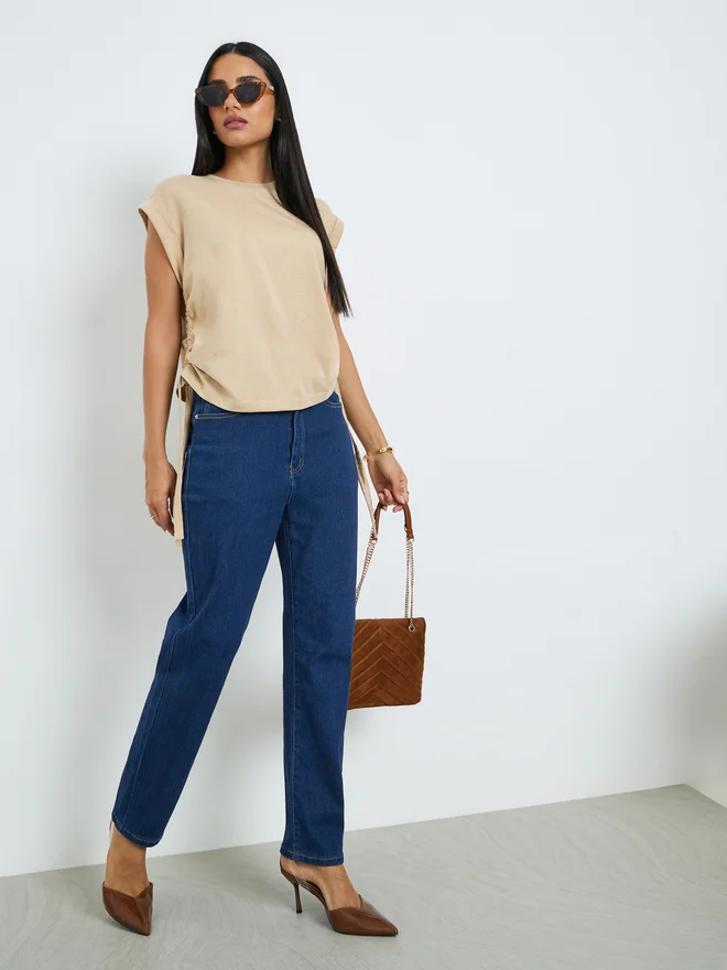 Styli Beige Ruched Side Tie T-Shirt