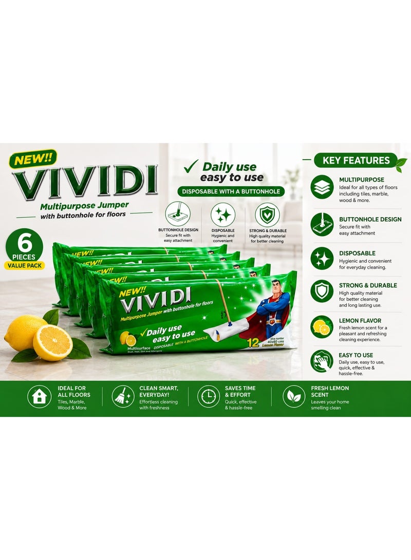 أوراق غيار ممسحة VIVIDI متعددة الاستخدامات للاستخدام مرة واحدة – برائحة الليمون، مناديل تنظيف الأرضيات | عبوة اقتصادية مكونة من 6 عبوات (تحتوي كل منها على 12 ورقة) - Image 1