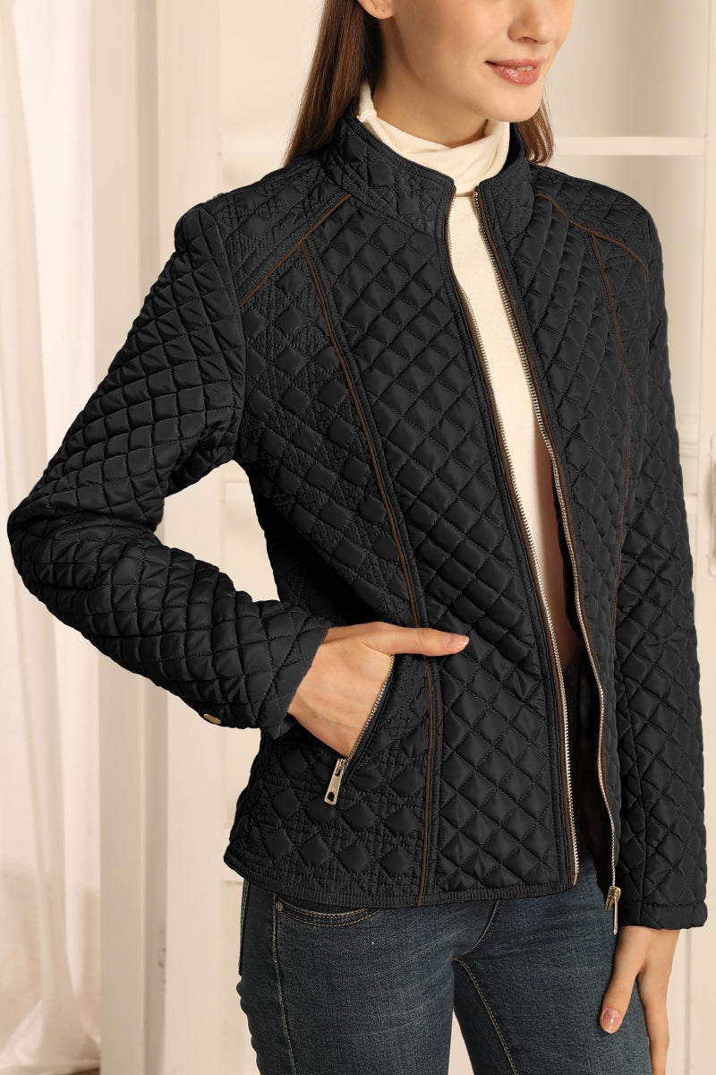 Bellivera Women's Stand Collar Lightweight Quilted Puffer Jacket Padded Zip Coat for Spring and Winter 087 black M - Image 2