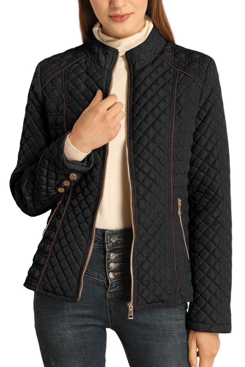 Bellivera Women's Stand Collar Lightweight Quilted Puffer Jacket Padded Zip Coat for Spring and Winter 087 black M - Image 1