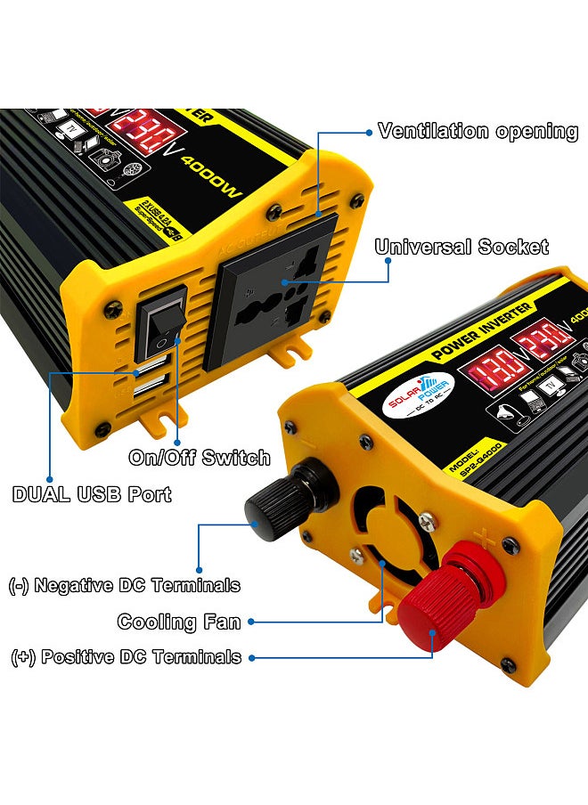 Generic Modified Sine Wave Inverter High Frequency 4000W Peak Power Watt Power Inverter DC 12V to AC 220V Converter Car Power Charger Inverter with 2.1A Dual USB Port Battery Clips Display Screen  - Image 1