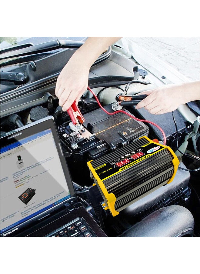 Generic Modified Sine Wave Inverter High Frequency 4000W Peak Power Watt Power Inverter DC 12V to AC 220V Converter Car Power Charger Inverter with 2.1A Dual USB Port Battery Clips Display Screen  - Image 3