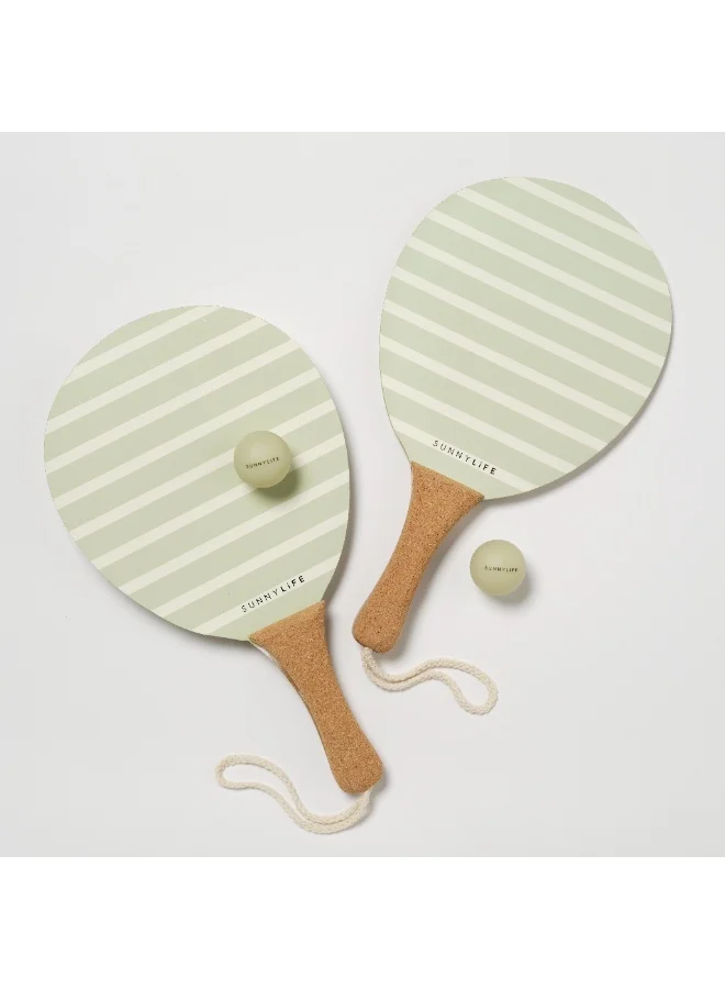 SUNNY LIFE Vintage Beach Paddles – La Palma Sage Stripe | Wooden Paddle Ball Game Set with Ball | Retro-Inspired Outdoor Fun for Beach, Park & Backyard Play
