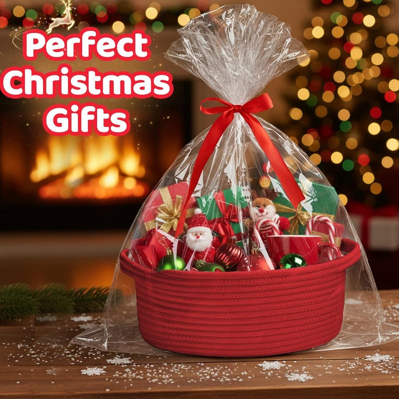 Bufims Small Woven Red Gifts Basket for Storage Empty with Ribbons and Bags Durable Cute Gifts 12"X 8" X 5" Small Rope Basket for Gifting - Image 2
