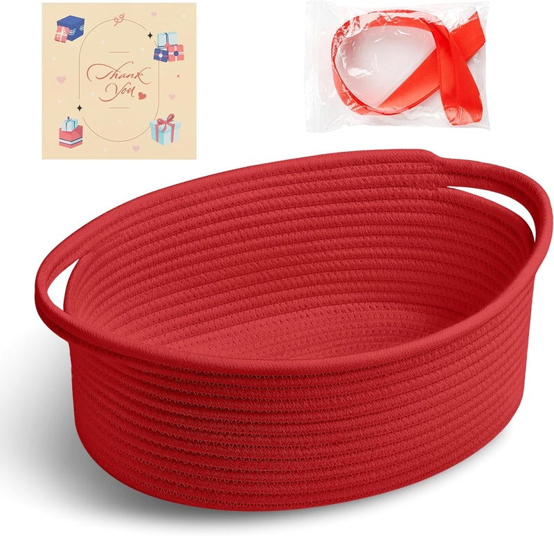 Bufims Small Woven Red Gifts Basket for Storage Empty with Ribbons and Bags Durable Cute Gifts 12"X 8" X 5" Small Rope Basket for Gifting - Image 1