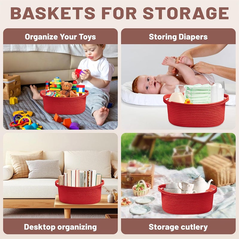 Bufims Small Woven Red Gifts Basket for Storage Empty with Ribbons and Bags Durable Cute Gifts 12"X 8" X 5" Small Rope Basket for Gifting - Image 4