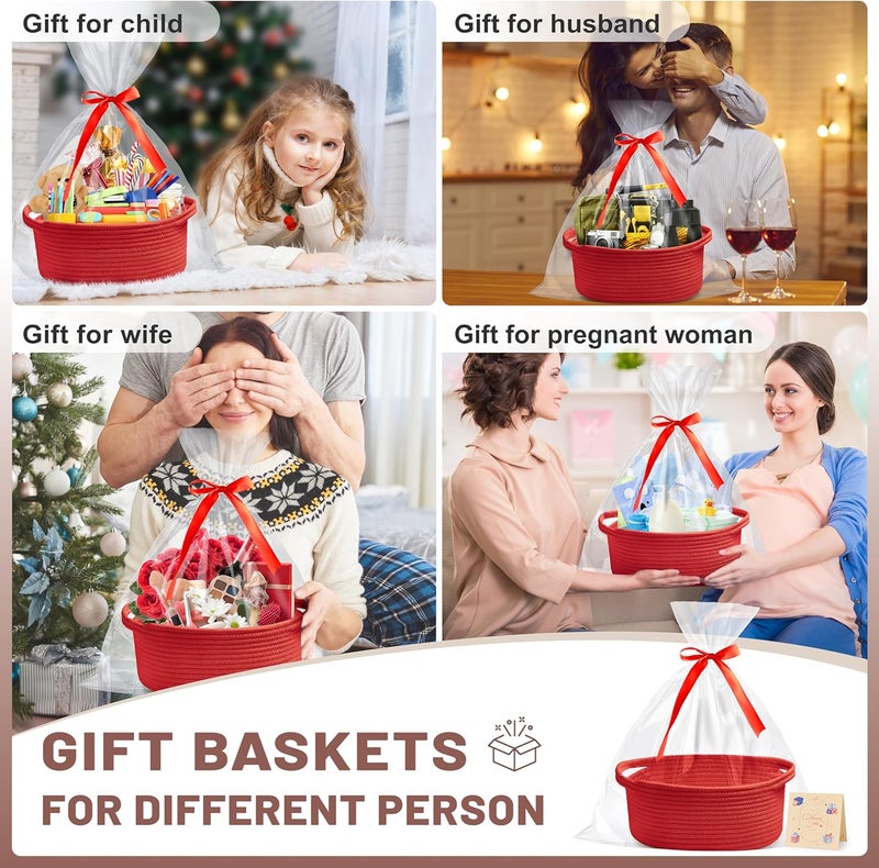 Bufims Small Woven Red Gifts Basket for Storage Empty with Ribbons and Bags Durable Cute Gifts 12"X 8" X 5" Small Rope Basket for Gifting - Image 3