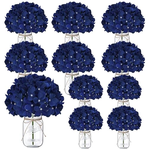 Scawim Mason Jars with Hydrangea, 10 Set Artificial Flower Table Centerpieces Glass Flowers Vases Decor for Home Wedding Farmhouse Bridal Shower Graduation Boho Decorative(Royal Blue) - Image 1