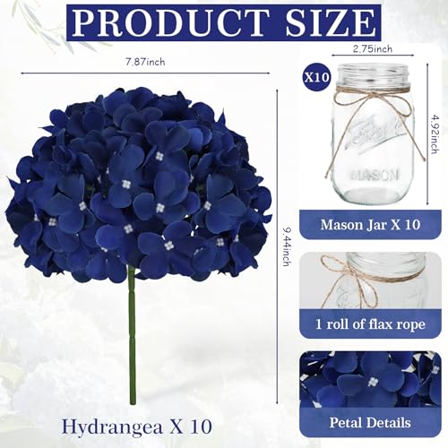 Scawim Mason Jars with Hydrangea, 10 Set Artificial Flower Table Centerpieces Glass Flowers Vases Decor for Home Wedding Farmhouse Bridal Shower Graduation Boho Decorative(Royal Blue) - Image 2