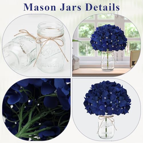 Scawim Mason Jars with Hydrangea, 10 Set Artificial Flower Table Centerpieces Glass Flowers Vases Decor for Home Wedding Farmhouse Bridal Shower Graduation Boho Decorative(Royal Blue) - Image 3