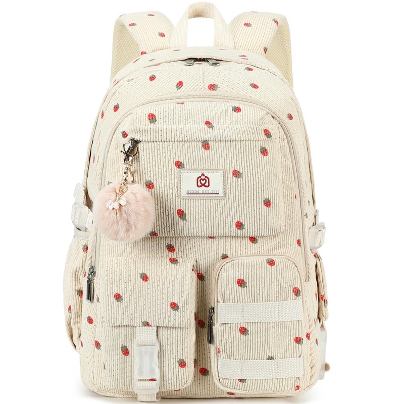Hidds School Backpack for Teens Girls Women 15.6 Inch Laptop College Backpacks Corduroy Work Bag Kids Elementary Middle High Campus Bookbag Students Pack Travel Daypack Womens - Beige Strawberries - Image 1