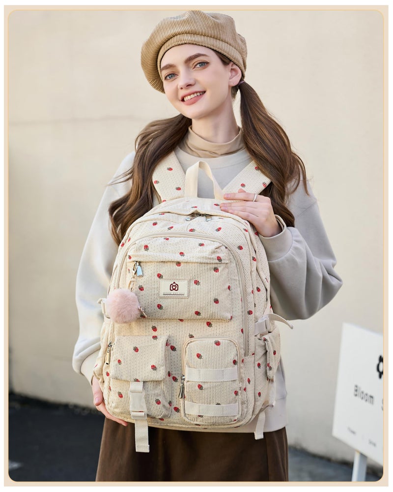 Hidds School Backpack for Teens Girls Women 15.6 Inch Laptop College Backpacks Corduroy Work Bag Kids Elementary Middle High Campus Bookbag Students Pack Travel Daypack Womens - Beige Strawberries - Image 2