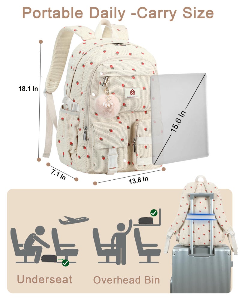 Hidds School Backpack for Teens Girls Women 15.6 Inch Laptop College Backpacks Corduroy Work Bag Kids Elementary Middle High Campus Bookbag Students Pack Travel Daypack Womens - Beige Strawberries - Image 5