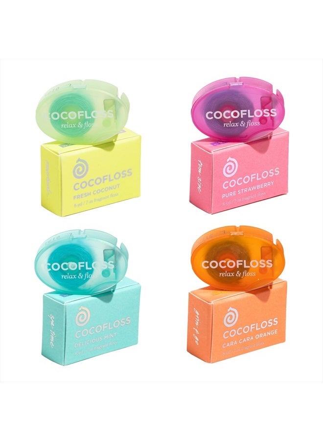 Cocofloss Woven Dental Floss, Travel Sampler, Dentist-Designed Oral Care with Coconut Oil, Waxed, Vegan, Kid-Friendly, 4-Pack Minis, Mint, Coconut, Orange, Strawberry (8 yd Each) - Image 1