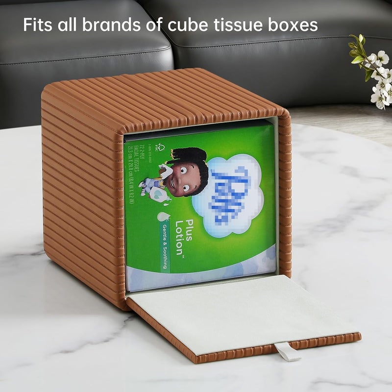 MEIBOOCH PU Leather Tissue Box Cover Square Tissue Box Holder with Magnetic Closure (Orange Stripe) - Image 3