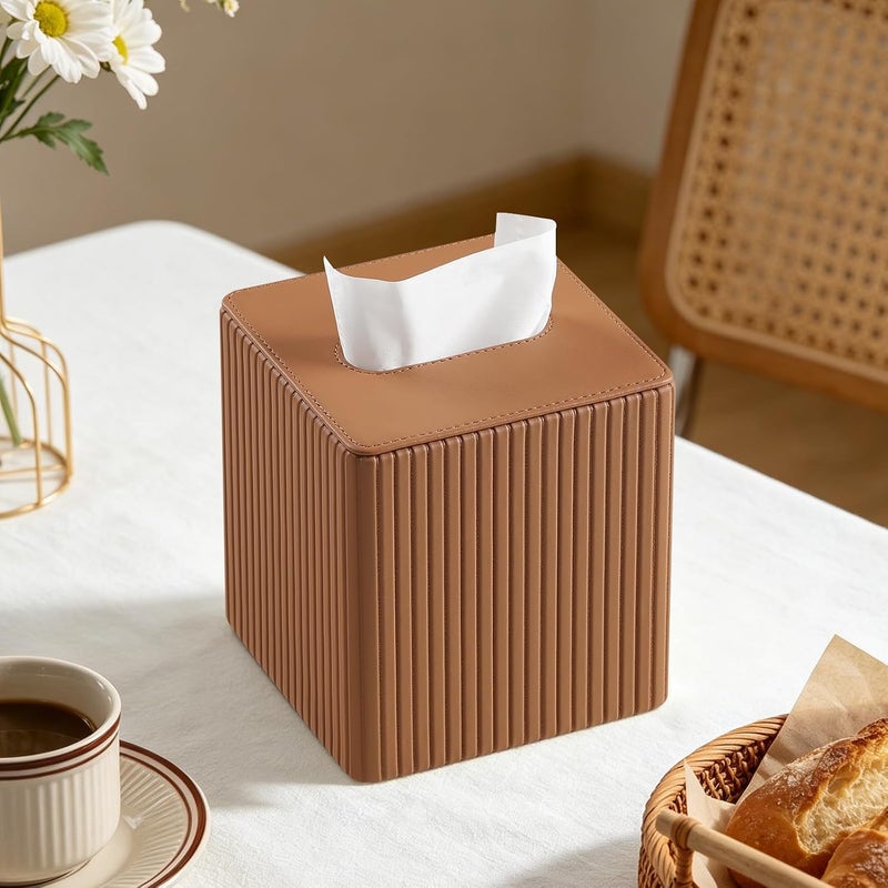 MEIBOOCH PU Leather Tissue Box Cover Square Tissue Box Holder with Magnetic Closure (Orange Stripe) - Image 2