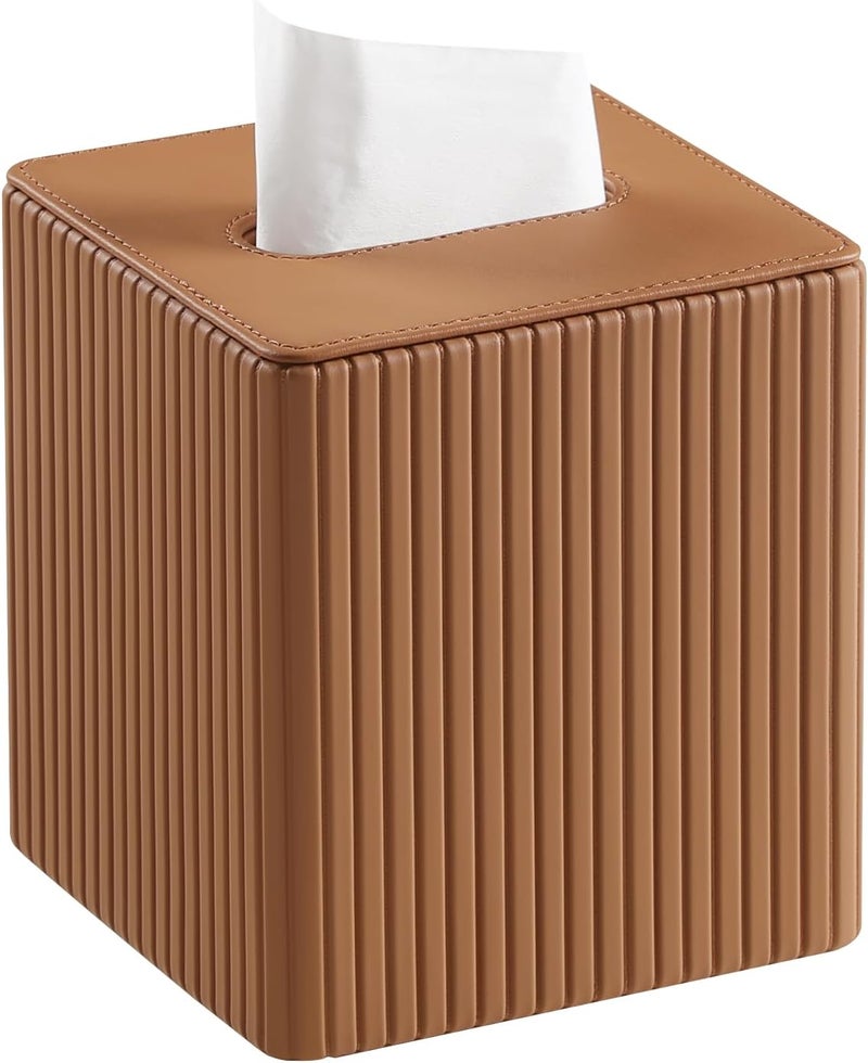 MEIBOOCH PU Leather Tissue Box Cover Square Tissue Box Holder with Magnetic Closure (Orange Stripe) - Image 1