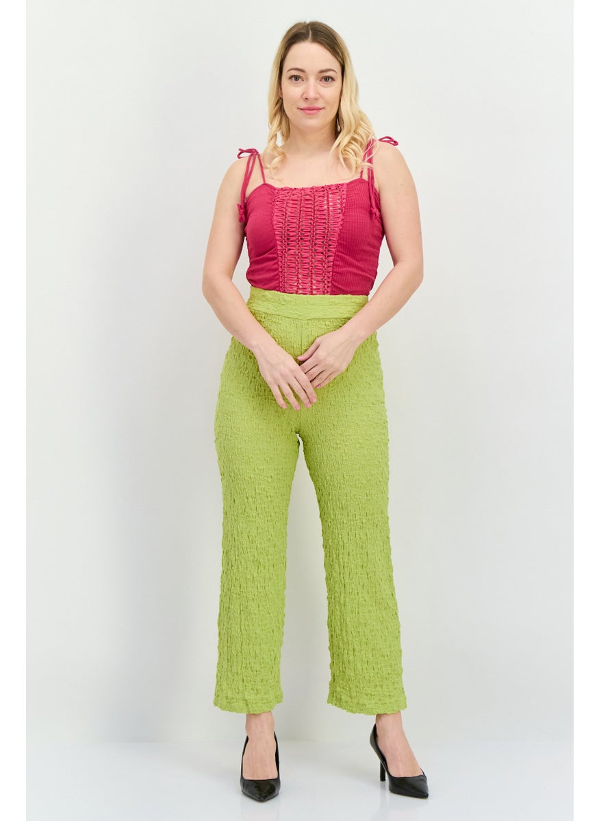 MANGO Women Regular Fit Wide Leg Textured Palazzo Pants, Lime Green  - Image 4