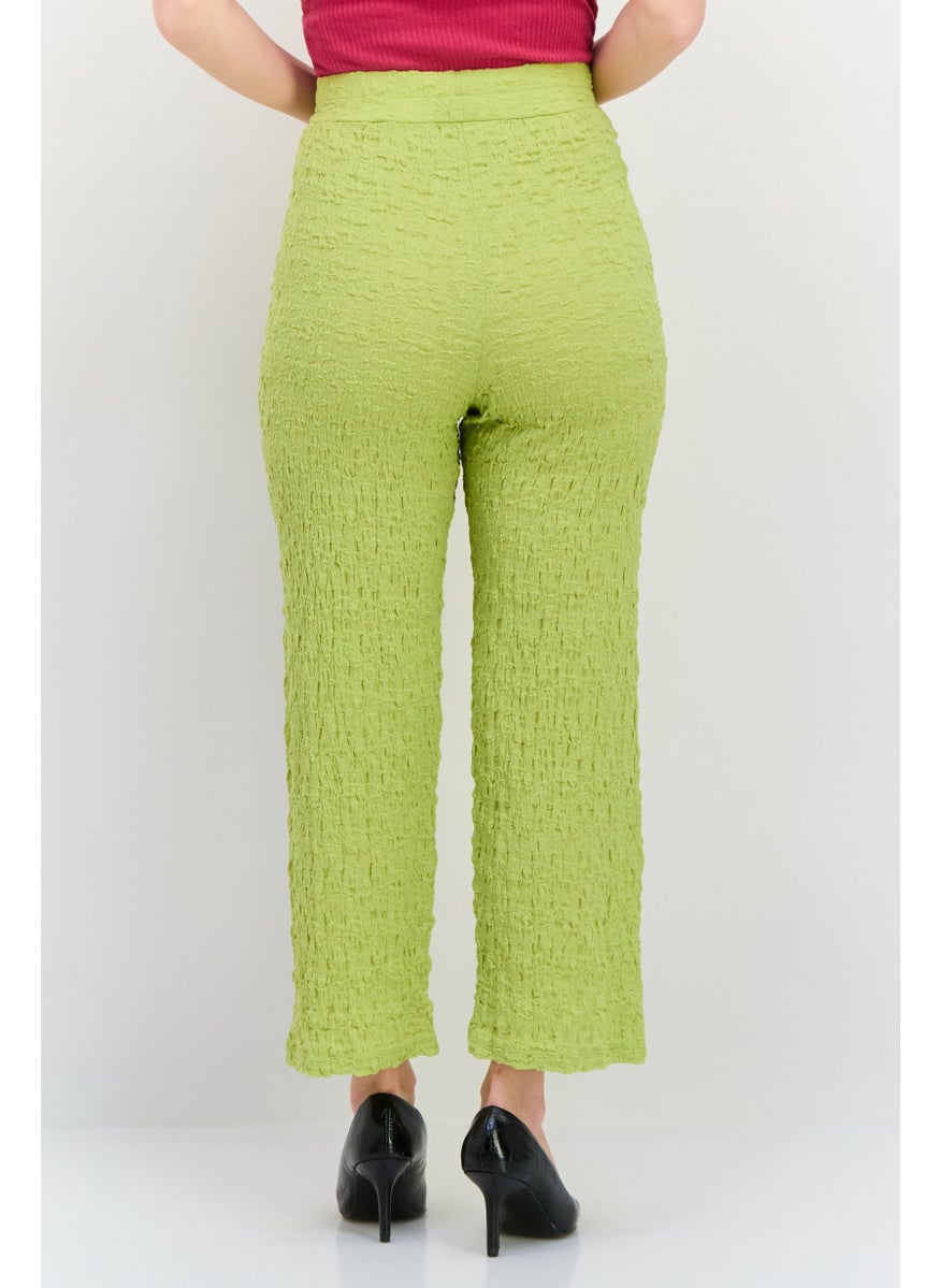 MANGO Women Regular Fit Wide Leg Textured Palazzo Pants, Lime Green  - Image 3