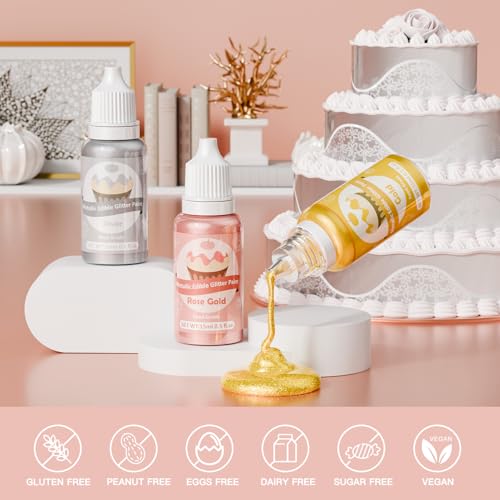 Cherrysea Edible Glitter Paint - 3 Colors Glitter Decorative Cake Paint Metallic Glitter, Food Grade Paint Edible Paint for Cake Decorating, Baking, Candy, Cookie, Chocolate -0.5 fl.oz(15ml)/Bottle (Gold, 3 color) - Image 2