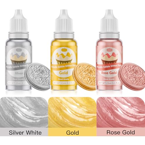 Cherrysea Edible Glitter Paint - 3 Colors Glitter Decorative Cake Paint Metallic Glitter, Food Grade Paint Edible Paint for Cake Decorating, Baking, Candy, Cookie, Chocolate -0.5 fl.oz(15ml)/Bottle (Gold, 3 color) - Image 3