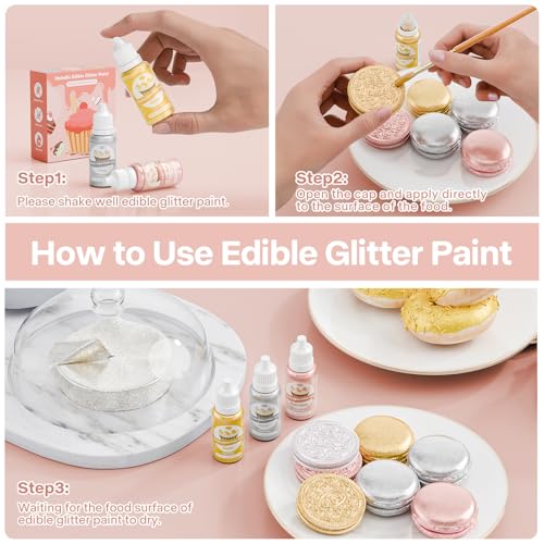Cherrysea Edible Glitter Paint - 3 Colors Glitter Decorative Cake Paint Metallic Glitter, Food Grade Paint Edible Paint for Cake Decorating, Baking, Candy, Cookie, Chocolate -0.5 fl.oz(15ml)/Bottle (Gold, 3 color) - Image 4