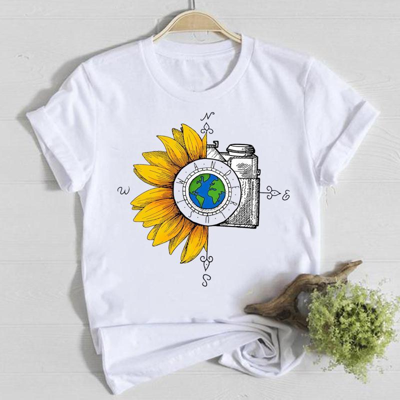 Horticultural Flowers Personality Pattern Round Neck Printed White T-Shirt Short Sleeve Women'S Wish/ - Image 1