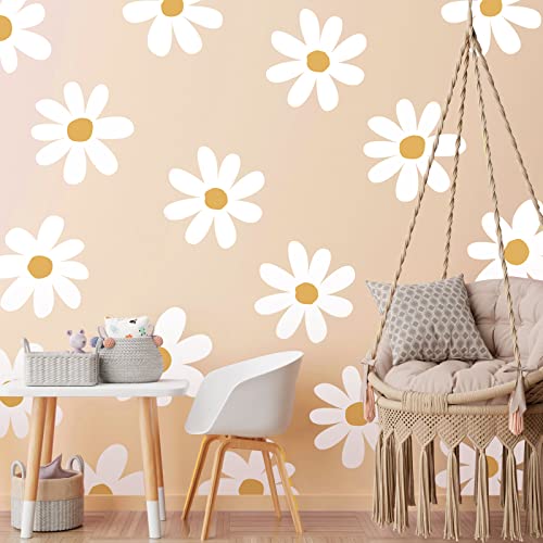TaoBary 12 Sheets Daisy Wall Decal Flower Wall Sticker Cute Daisy Sticker Pink White Flower Decal Peel and Stick Floral Wallpaper for Nursery Bedroom Home Decor(White, Yellow,Vintage Style) - Image 1
