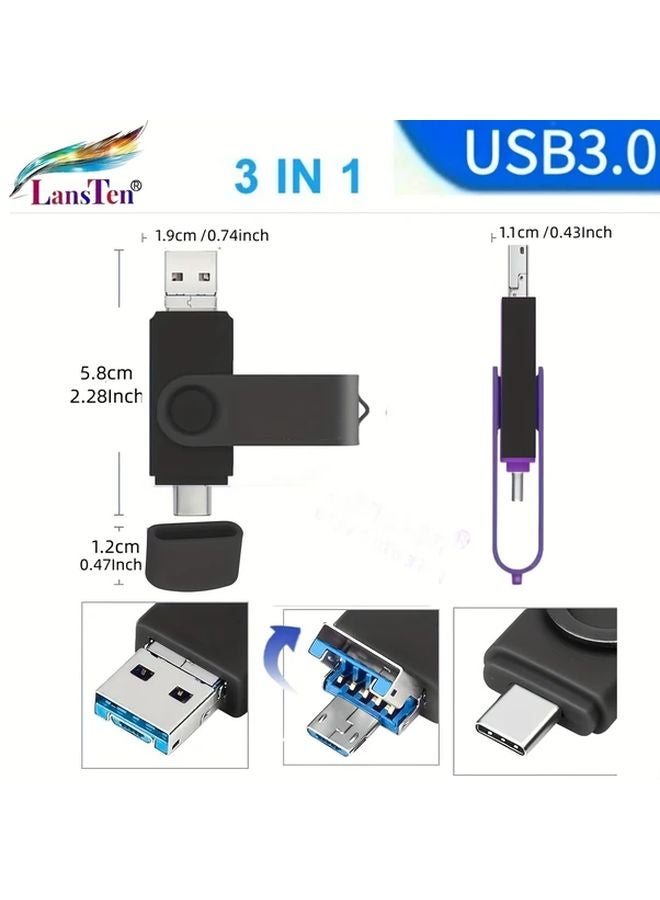 128 جيجابايت 3 في 1 محرك أقراص فلاش USB 3.0 عصا الصور لأجهزة Android مع منافذ USB-C وMicro-USB وUSB-A - Image 3