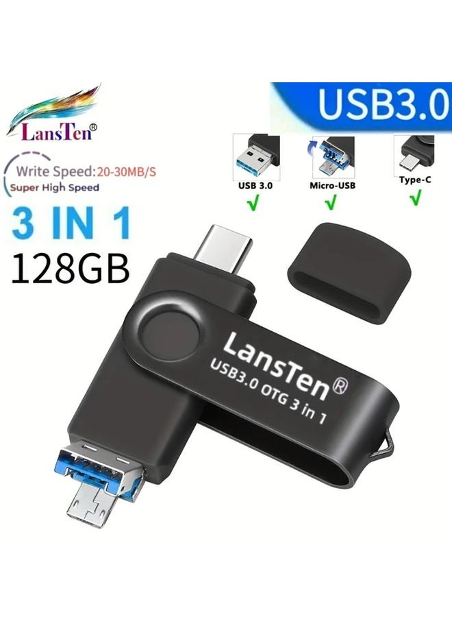 128 جيجابايت 3 في 1 محرك أقراص فلاش USB 3.0 عصا الصور لأجهزة Android مع منافذ USB-C وMicro-USB وUSB-A - Image 1