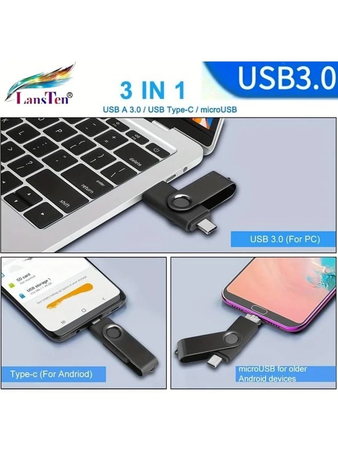 128 جيجابايت 3 في 1 محرك أقراص فلاش USB 3.0 عصا الصور لأجهزة Android مع منافذ USB-C وMicro-USB وUSB-A - Image 4