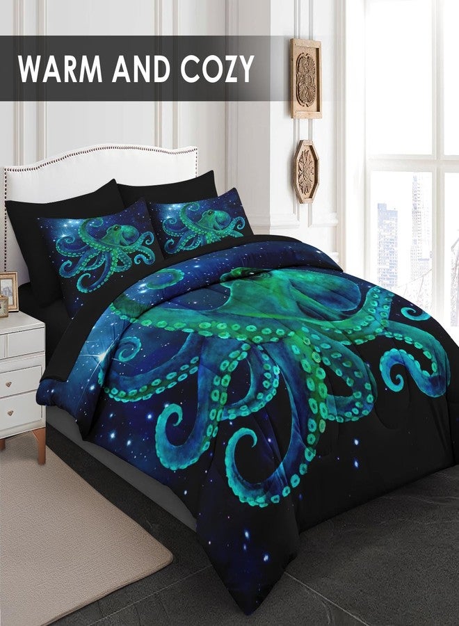 Pamnest Comforter Set Full Size, Blue Octopus Sea 7 Pcs Bedding for Kids and Adults, Space Colorful Star Bed Sheet Sets with Fitted Sheet 2 Pillowcases & 2 Shams for Bedroom Bed Decor - Image 2
