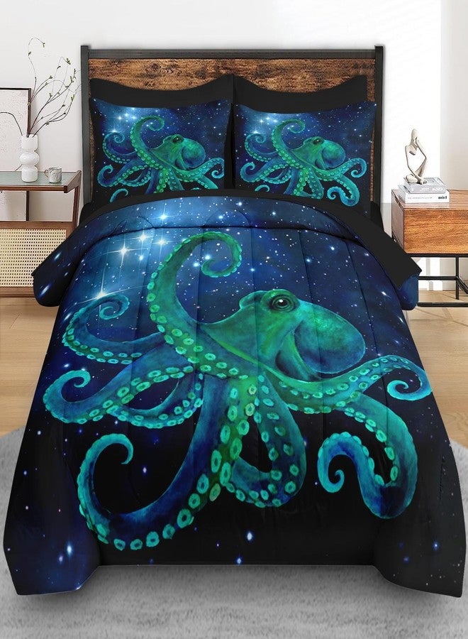 Pamnest Comforter Set Full Size, Blue Octopus Sea 7 Pcs Bedding for Kids and Adults, Space Colorful Star Bed Sheet Sets with Fitted Sheet 2 Pillowcases & 2 Shams for Bedroom Bed Decor - Image 3