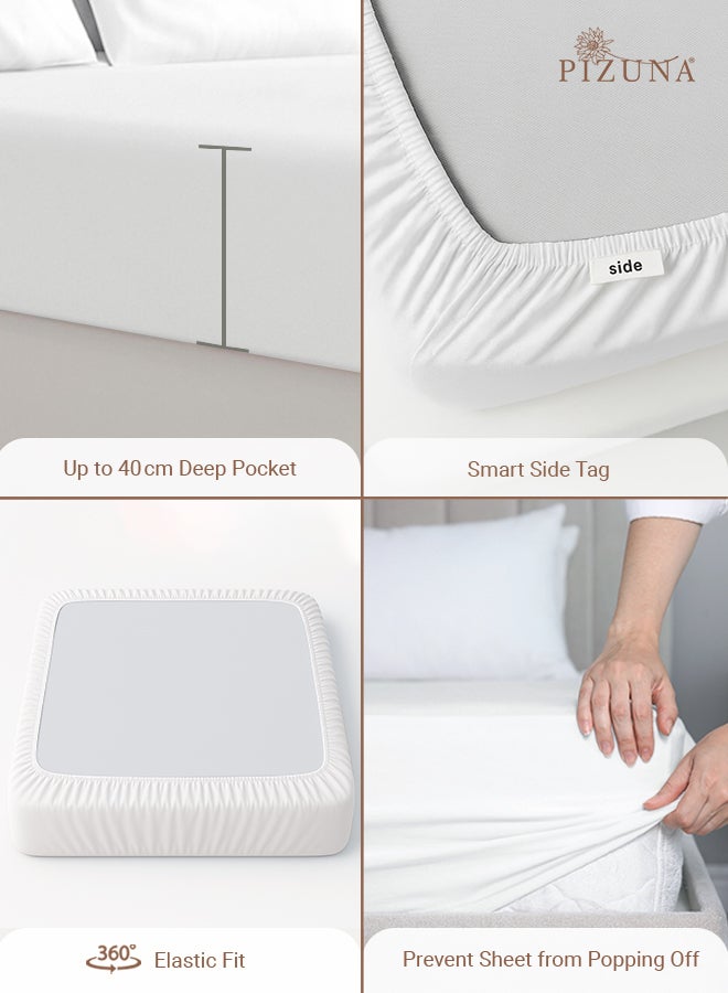 PIZUNA Pure Combed Cotton Fitted Bedsheet Queen Size 160x200 cm White, 400 Thread Count Cool Luxury Soft 100% Long Staple Cotton Sateen Weave, 40cm Deep Pocket Sheet (Fitted Sheet -1PC) - Image 4