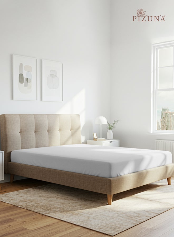 PIZUNA Pure Combed Cotton Fitted Bedsheet Queen Size 160x200 cm White, 400 Thread Count Cool Luxury Soft 100% Long Staple Cotton Sateen Weave, 40cm Deep Pocket Sheet (Fitted Sheet -1PC) - Image 1