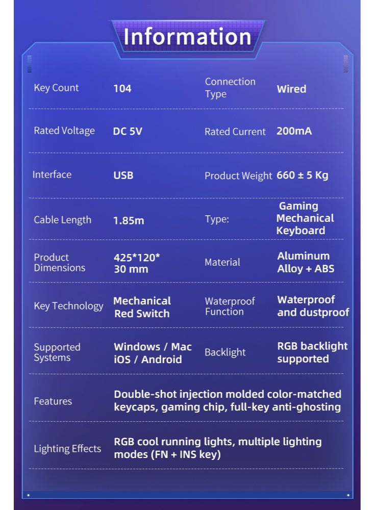 104 Keys Red Switch Mechanical Gaming Keyboard, Hot-Swappable, 16.8 Million Colors Backlit, Removable Usb Wired, 525g Weight, All Keys Without Conflict Silent Rgb Color Suitable For Pc/Ps4/Xbox Gamers Mac - Image 4