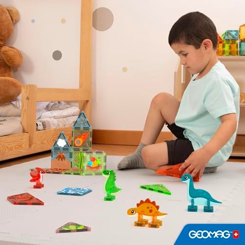 GEOMAG بلاط مغناطيسي للأطفال من عمر 4 إلى 8 سنوات - مجموعة مكونة من 25 قطعة لبناء الديناصورات مع ألعاب مغناطيسية من TRex وستيجوسورس للأطفال الصغار ورياض الأطفال - لعبة تعليمية للبناء - Image 5