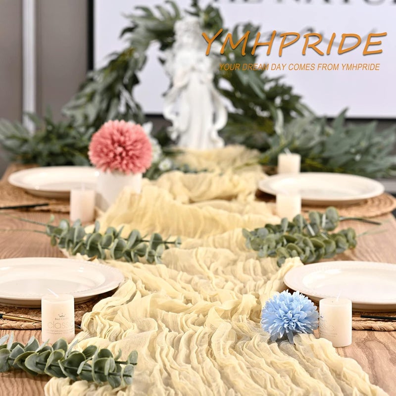 YMHPRIDE 2 Pieces Beige Ivory Table Runner 90 x 300 cm Gauze Boho Table Runner for Wedding Bachelorette Baby Shower Birthday Party Decorations - Image 5
