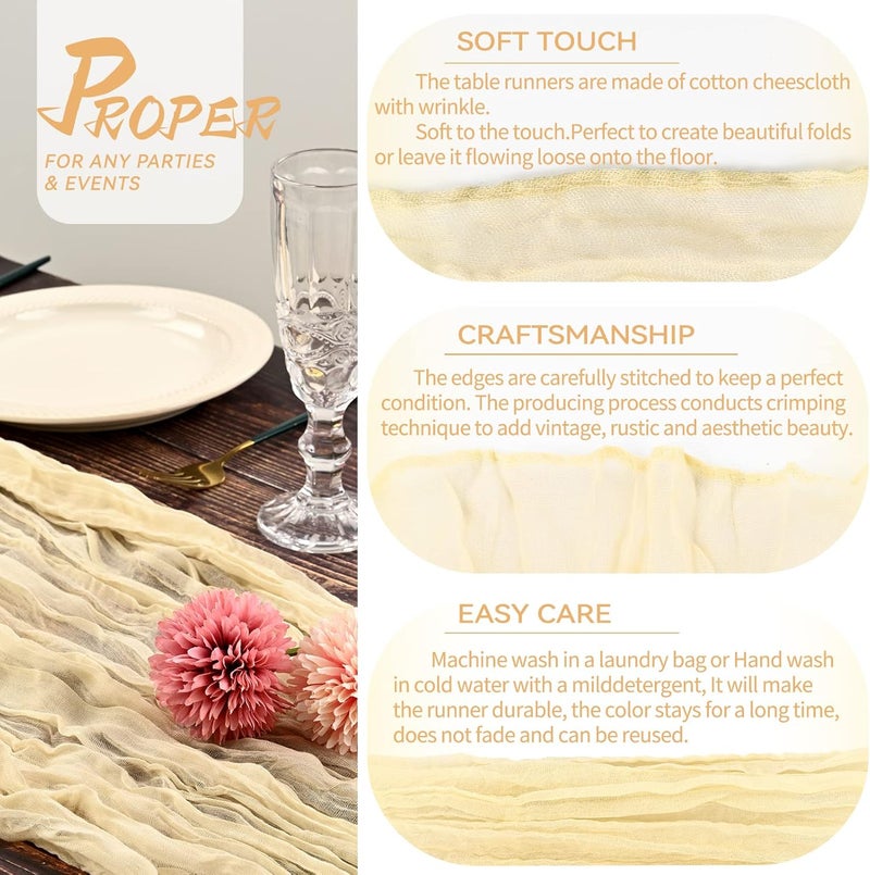 YMHPRIDE 2 Pieces Beige Ivory Table Runner 90 x 300 cm Gauze Boho Table Runner for Wedding Bachelorette Baby Shower Birthday Party Decorations - Image 2