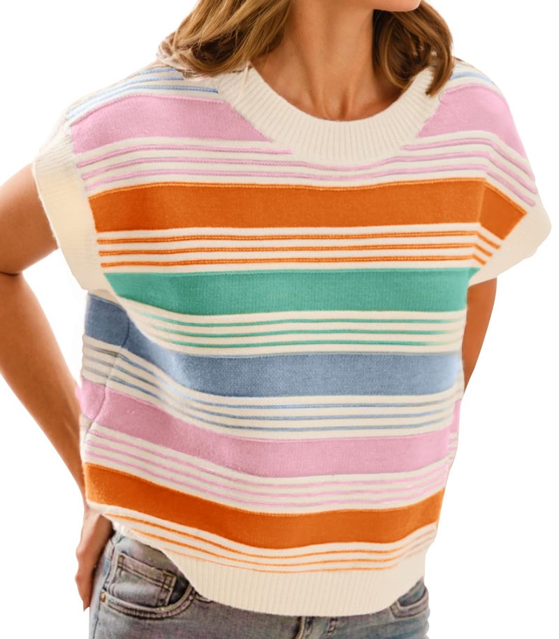 FireSwan Womens Cap Sleeve Sweater Vest Striped Color Block Loose Tank Tops Trendy Vacation Outfits Cute Summer Spring Top Orange - Image 1