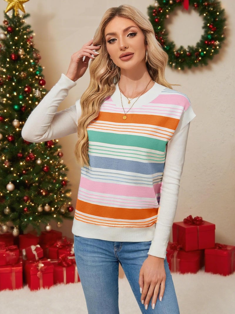 FireSwan Womens Cap Sleeve Sweater Vest Striped Color Block Loose Tank Tops Trendy Vacation Outfits Cute Summer Spring Top Orange - Image 4