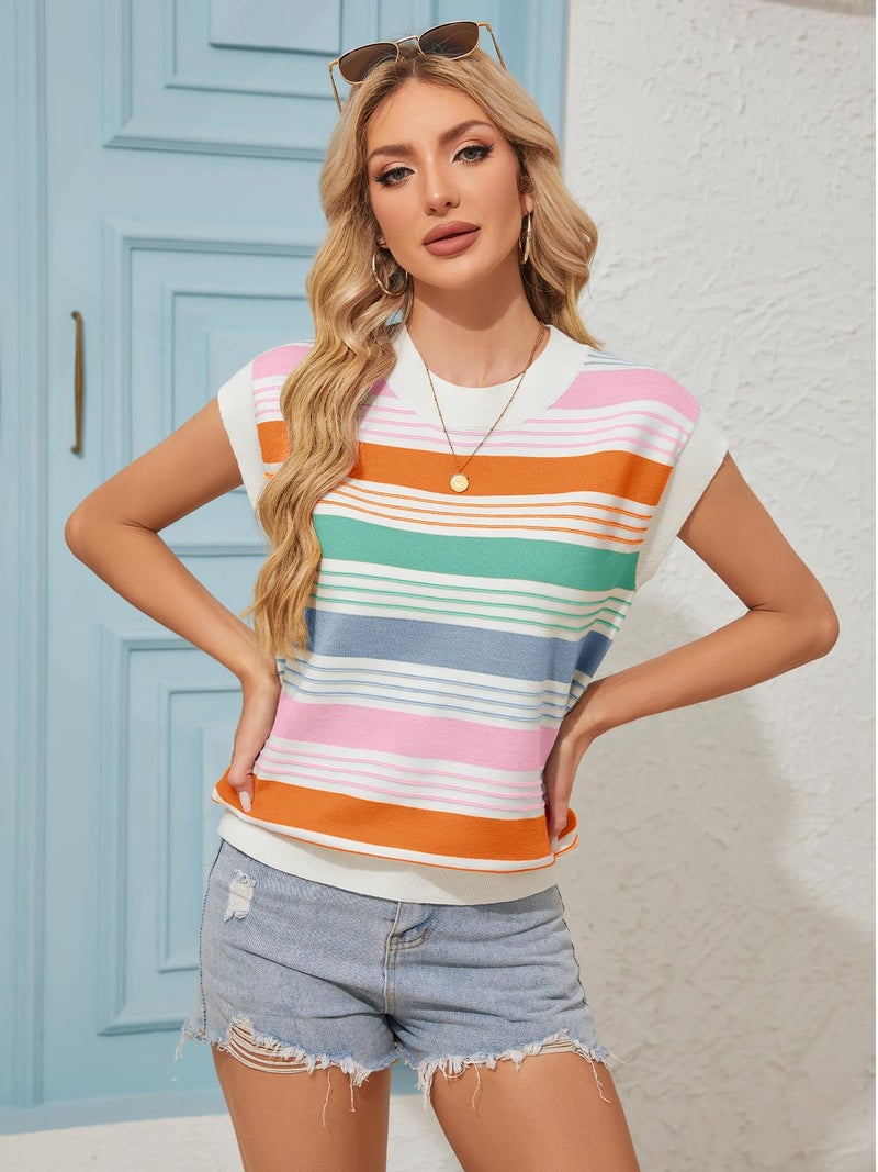 FireSwan Womens Cap Sleeve Sweater Vest Striped Color Block Loose Tank Tops Trendy Vacation Outfits Cute Summer Spring Top Orange - Image 2